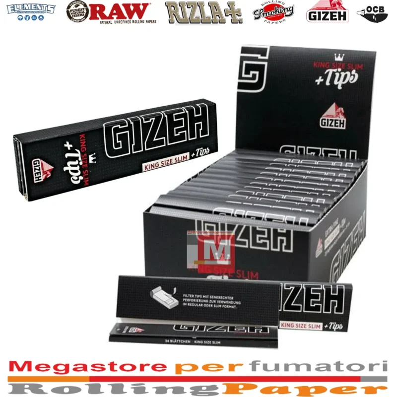 Cartine Gizeh Black King Size Slim Lunghe e Filtri in Carta + Tips Da 26 Llibretti